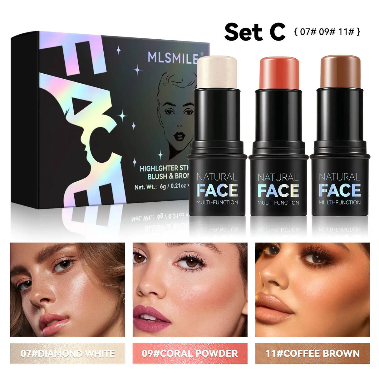 MLSMILE Highlight Contour 3-pack For 3D Makeup Brightening Skin Tone Face Blush Stick 3 Pcs Set 2025 New