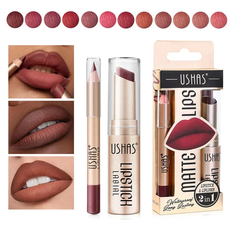 2-in-1 Lip Makeup Set, Matte Lipstick & Lip Liner Pencil, Nude Brown, Waterproof Long Lasting Tinted Lip Balm Contour Kit