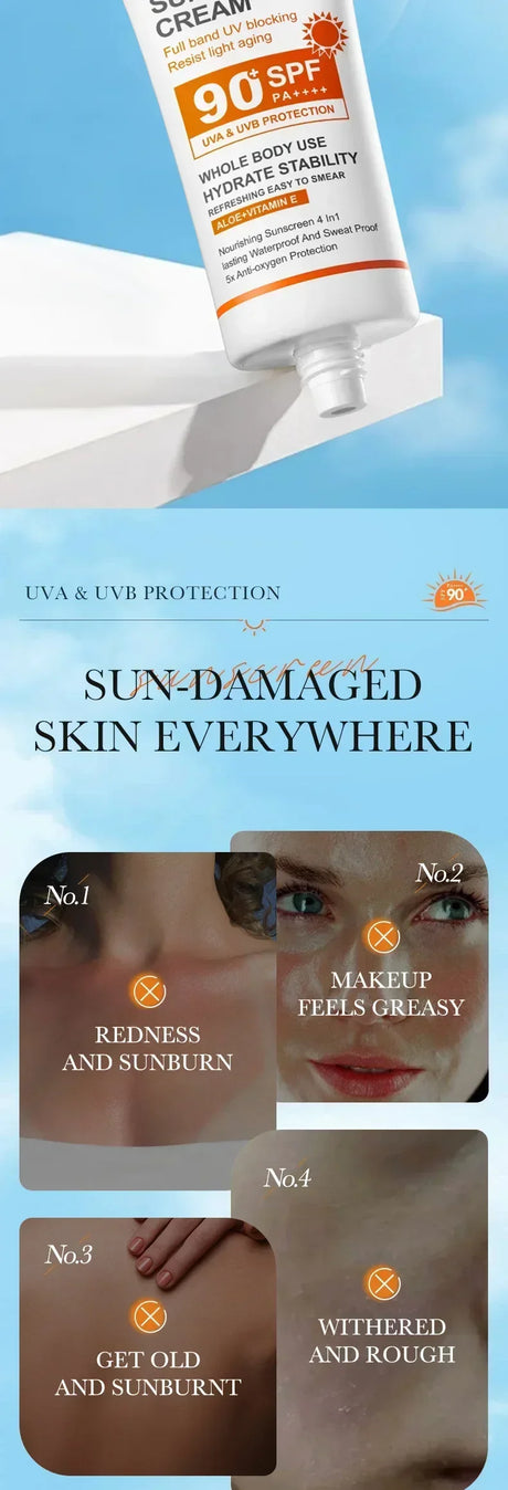 SPF90+ sunscreen, UV protection, whitening sunscreen, moisturizing, whitening, facial and body sunscreen, skin care, anti-aging