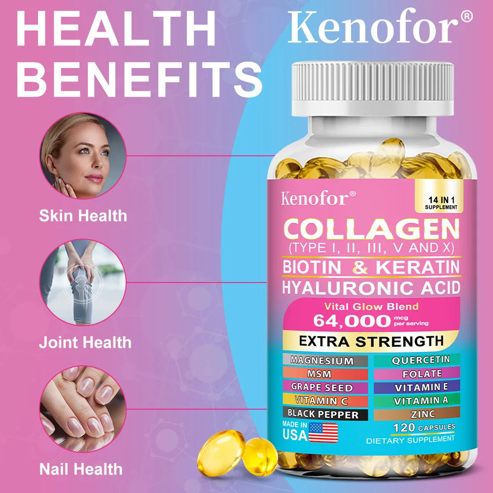 Multi Collagen Capsules - Types I, II, III, V & X Biotin Keratin Hyaluronic Acid MSM Zinc Magnesium,Hair Skin and Nails Vitamins