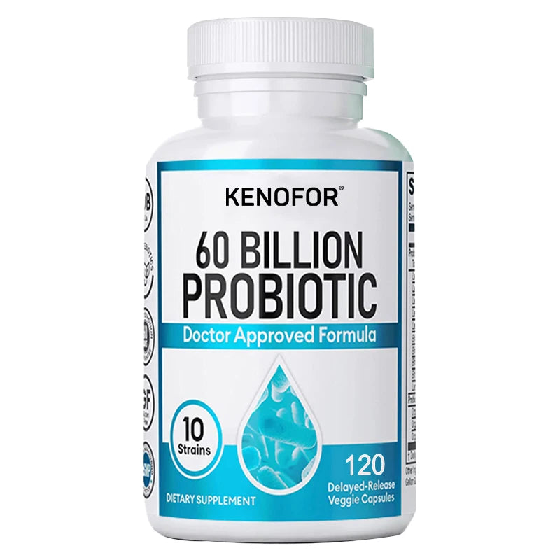 60 Billion CFU Probiotic Capsules with 10 Strains and Organic Prebiotic Fiber, Daily Digestive Wellness Supplement, 120 Count