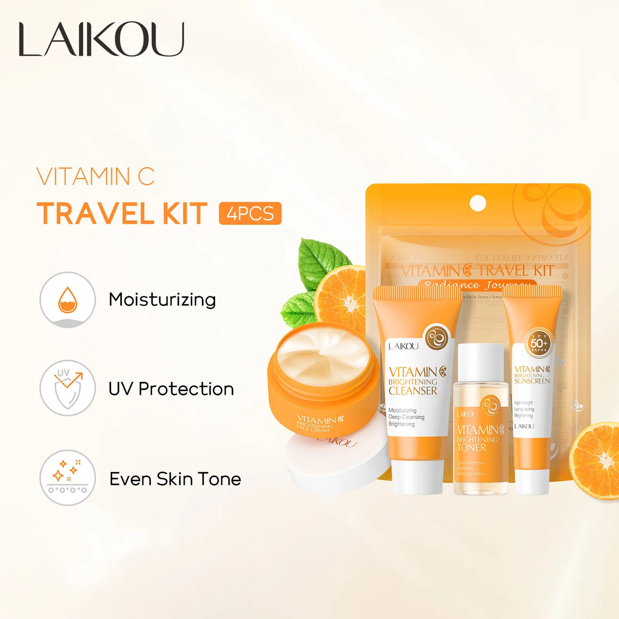 4pcs Vitamin C Skin Care Sets Face Cream Facial Cleanser Essence Spf 50+ VC Sunscreen Moisturizing Refresh Face Care Travel Suit