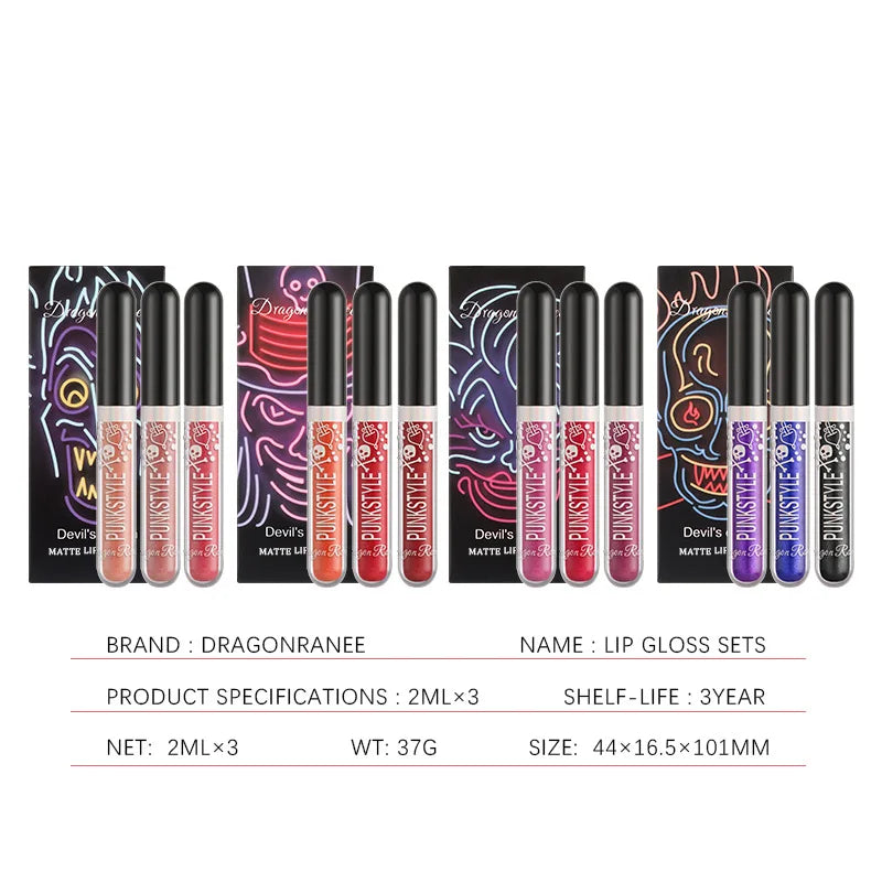 3pcs Glitter Lipstick Set Waterproof Sexy Blue Purple Black Lip Gloss Shiny Lip Tint Halloween Lip Makeup Tool Korean Cosmetics