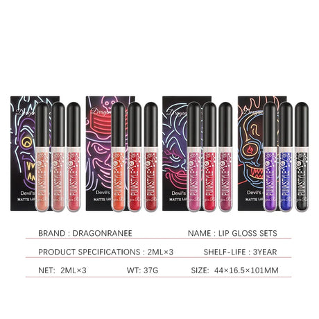 3pcs Glitter Lipstick Set Waterproof Sexy Blue Purple Black Lip Gloss Shiny Lip Tint Halloween Lip Makeup Tool Korean Cosmetics