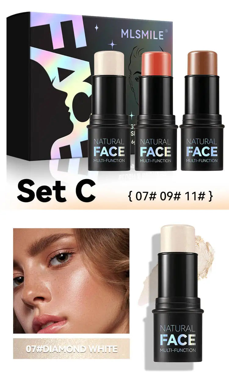 MLSMILE Highlight Contour 3-pack For 3D Makeup Brightening Skin Tone Face Blush Stick 3 Pcs Set 2025 New