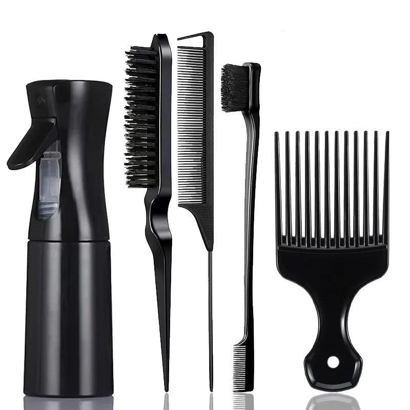 5Pcs Hair Styling Tool Set with Spray Bottle, Afro Pick Comb, Edge Brush, Tail Comb for Curly & Natural Hair