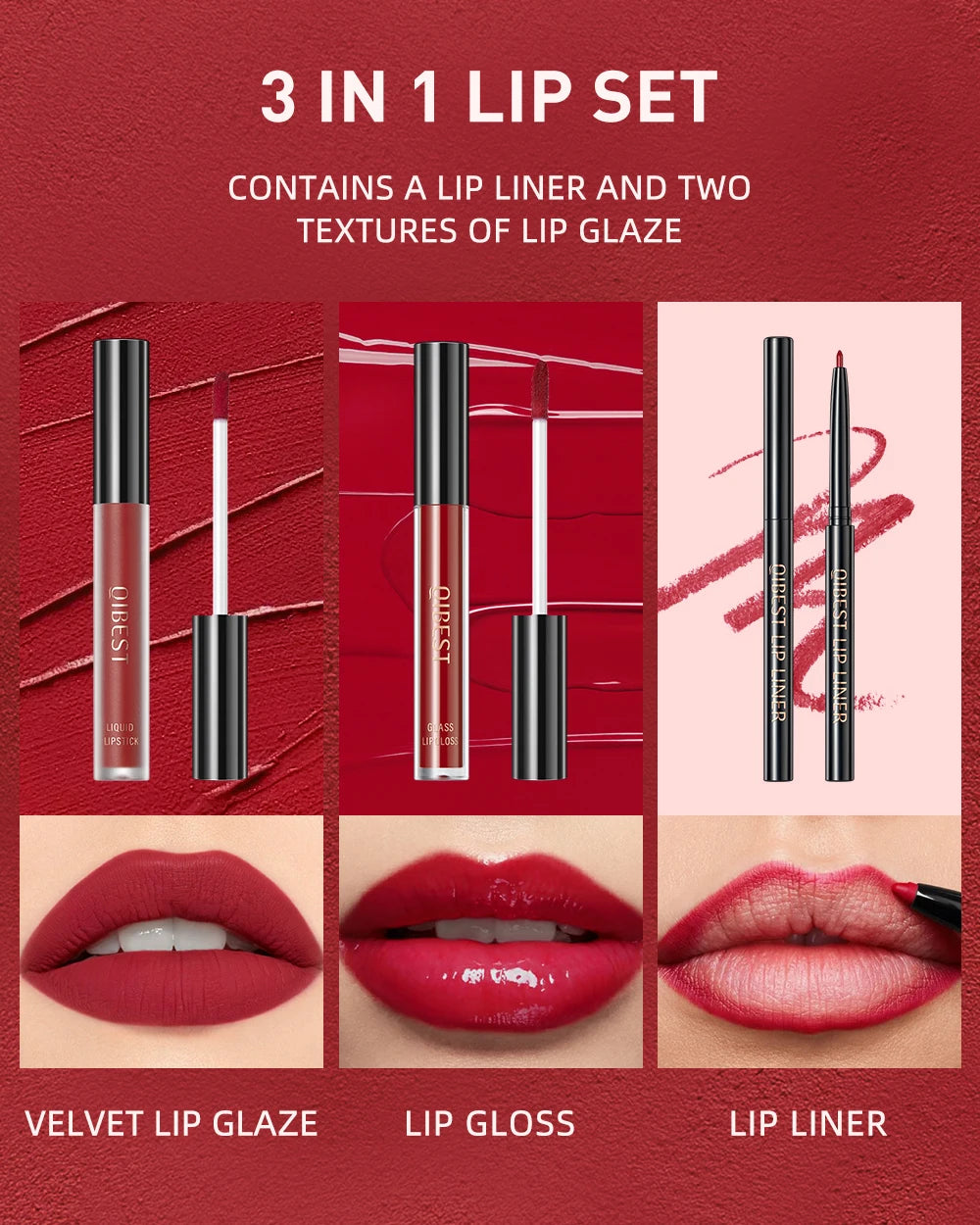 QIBEST 3pcs/set Liquid Lipstick+Lip Liner Lasting Black Brown Purple Red Matte Lip Gloss Nude Lip Stain Tint Makeup Lip Pencil