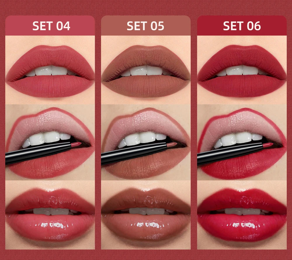 QIBEST 3pcs/set Liquid Lipstick+Lip Liner Lasting Black Brown Purple Red Matte Lip Gloss Nude Lip Stain Tint Makeup Lip Pencil