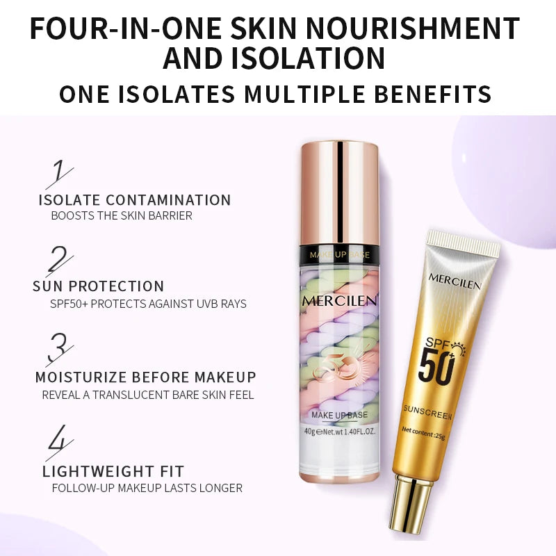 Mercilen Three-Color Isolation Makeup Primer Set, Containing Hyaluronic Acid, Plant Squalane, and Pearl Extract for Oil Control and Moisturizing, Minimizing Visible Pores, Long-Lasting Hydration and Radiance, and Long-Lasting