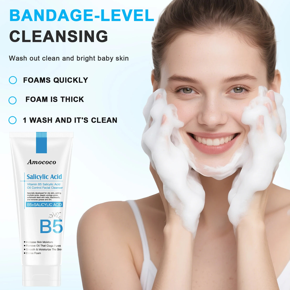 Amococo 2Pcs B5 Salicylic Acid Face Wash 100ml Oil Control Cleanser Deep Pore Foaming Wash for Oily Acne Prone Skin