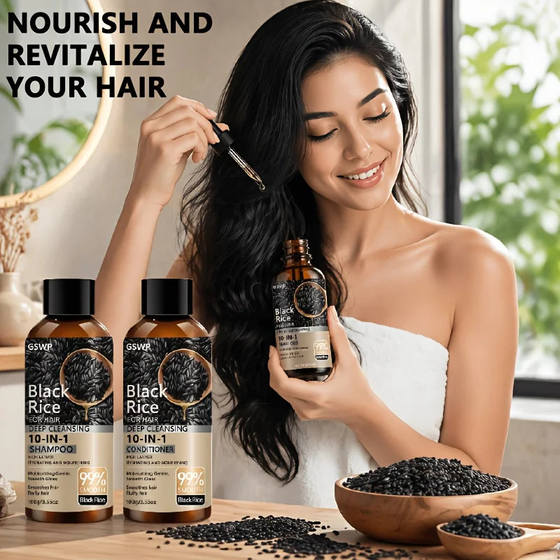 GSWP 10-in-1 Black Rice Moisturizing Shampoo Conditioner Set: Gently Cleanses, Reduces Frizz, Brightens Hair Shine. 200g + 30ml