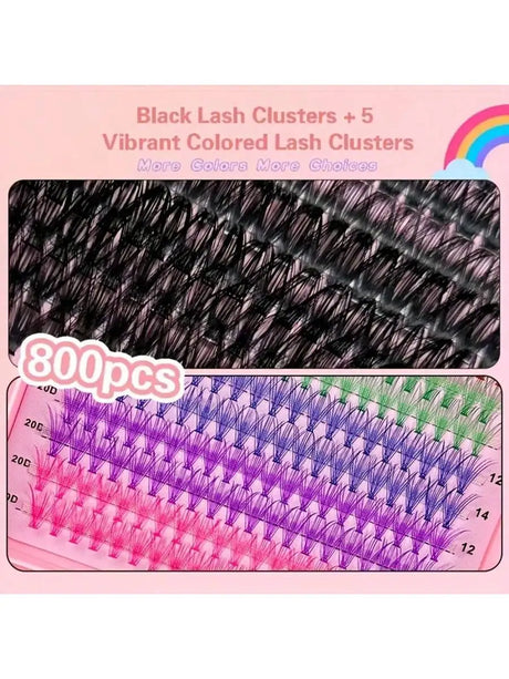 800 Cluster DIY Colored Eyelash Book Set, Including Adhesive And Sealant, Tweezers, Reusable Lightweight DD False Eyelashes