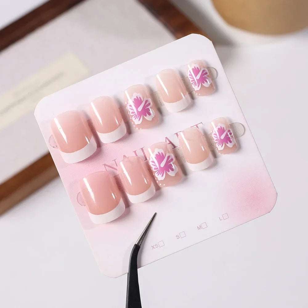 24Pcs Short Square Pink Floral French Press On Nails Clear Base Hand Drawn Flower Reusable With Adhesive Glue For Women Daily Party DIY Spring Summer Manicure Supply