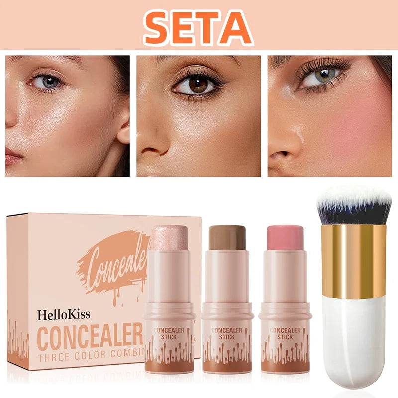 4pcs Set of Contour Stick, Highlight Stick, Blush Stick, Contour Brush, Shapes the Face Contour, Non-Greasy, Waterproof