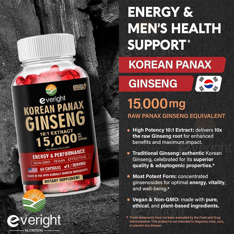 Korean Red Ginseng Capsules- 1500mg Natural High Strength for Men Vitality, Energy, Performance, Focus, Immune Health