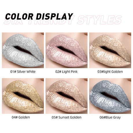 QIBEST Metallic Glitter Liquid Lipstick Makeup Waterproof Lip Gloss Long-lasting Shimmer Metal Diamond Lip Glaze Tint Charming