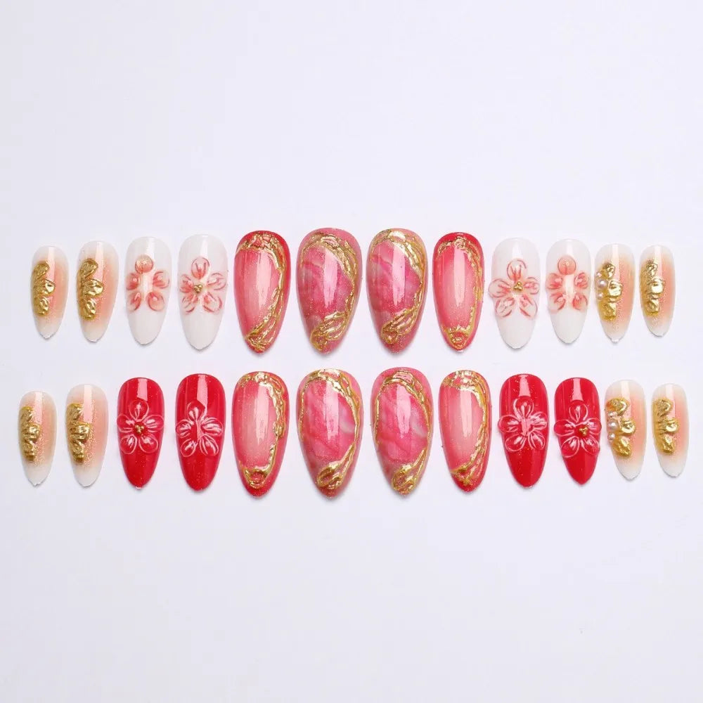 24PCS Juicy Red Cherry Hand Painted Press on Nails Vivid French Border Jelly Clear Almond Shape Fake Nails Summer Vibe