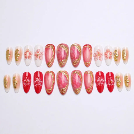 24PCS Juicy Red Cherry Hand Painted Press on Nails Vivid French Border Jelly Clear Almond Shape Fake Nails Summer Vibe