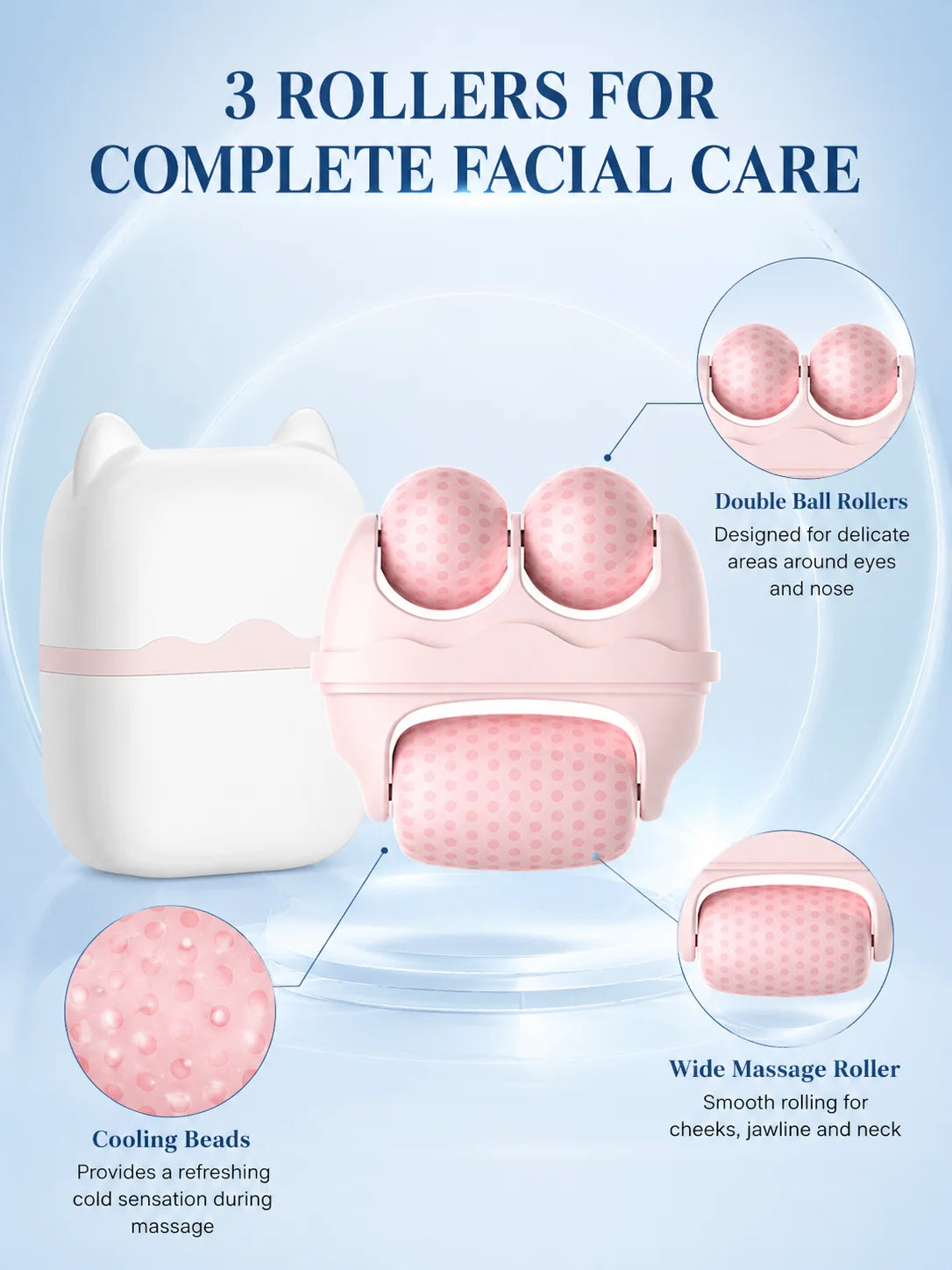 3 Roller Ice Face Roller Cooling Facial Massager with Cat Ear Storage Case Reduce Puffiness Jawline Neck Eye Skincare Massage To