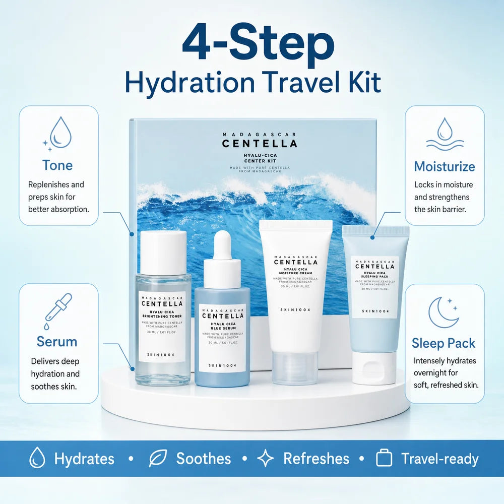 Centella Hyalu-Cica and Poremizing Travel Kit,Toner, Ampoule Serum,Face Moisturizer Cream and Night Sleeping Pack Mini 4pcs Set