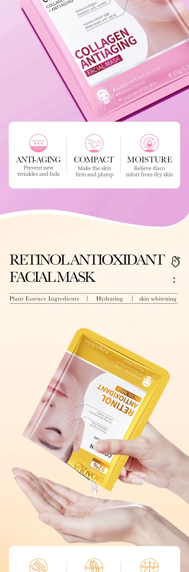 15pcs BIOAQUA Retinol Collagen Facial Masks Firming Moisturizing Nourishing Hydrating Face Mask Facial Skin Care Products