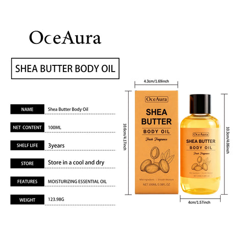 100% Natural Shea Butter Massage Oil Intense Moisture for Dry Skin Lightweight & Fast Absorbing All Skin Types Stretch Mark Care