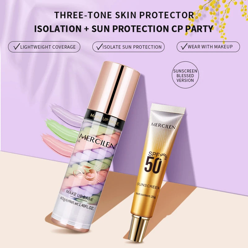 Mercilen Three-Color Isolation Makeup Primer Set, Containing Hyaluronic Acid, Plant Squalane, and Pearl Extract for Oil Control and Moisturizing, Minimizing Visible Pores, Long-Lasting Hydration and Radiance, and Long-Lasting