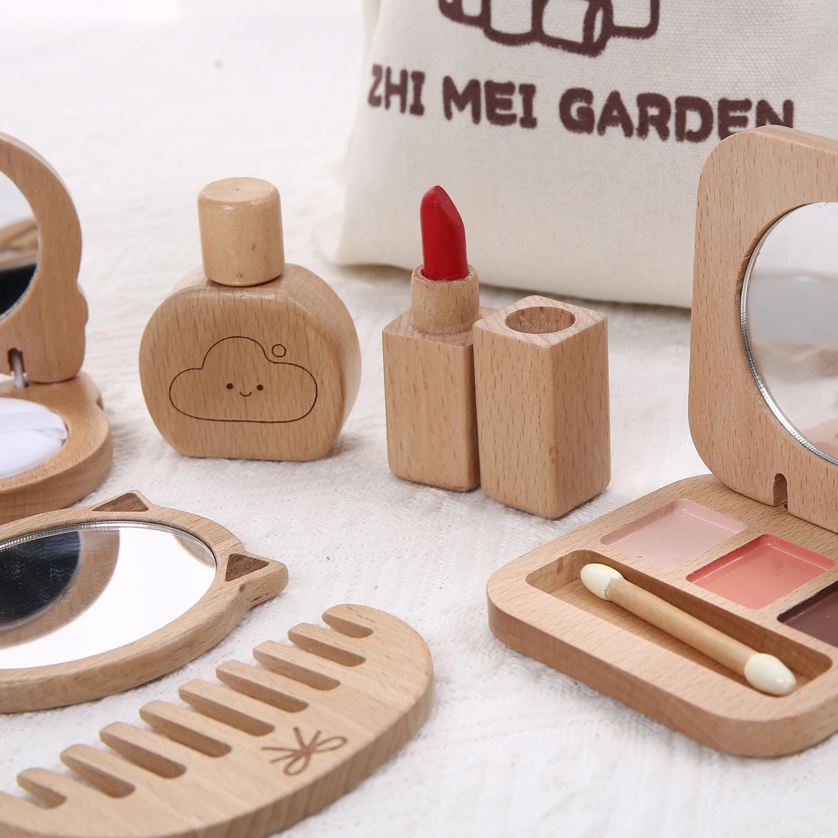 Kids' Pretend Makeup Toy Wooden Role‑play Dress‑up Vanity Gift Makeup Bag Set for Girls