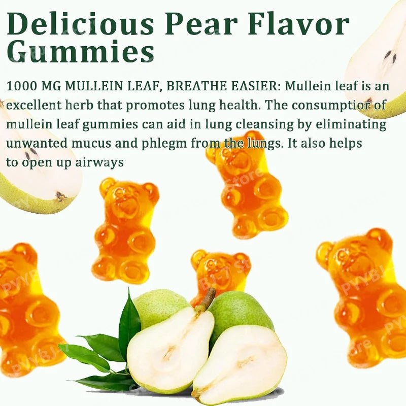 Mullein Gummies Supports Respiratory Health Pear Flavor Lung Health Sinus Relief 60 Grains Dietary Supplement