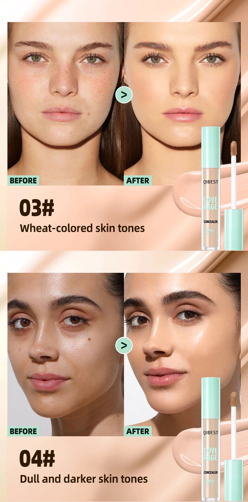 QIBEST 3D Full Coverage Concealer Long Lasting Liquid Concealer For Dark Circles Natural Finish Seamless Blend Under Eye Makeup