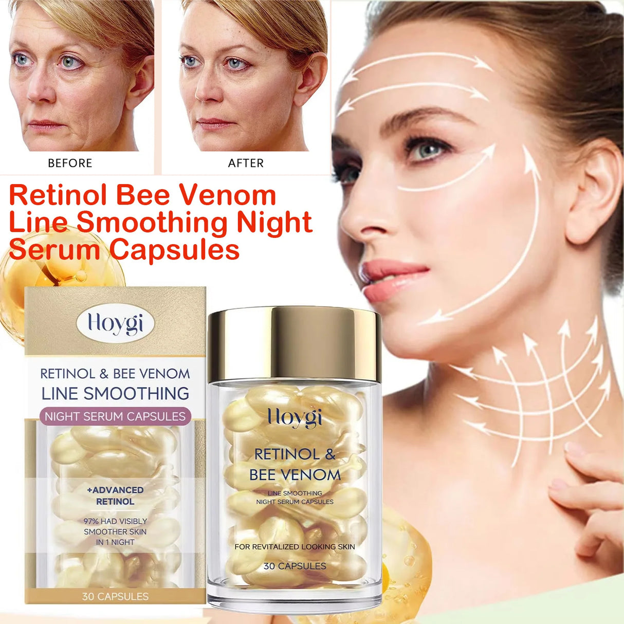 Retinol Bee Venom Facial Capsules Anti-Wrinkle Firming Smoothing Moisturizing Facial Skin Anti-Aging Night Serum for Face & Neck