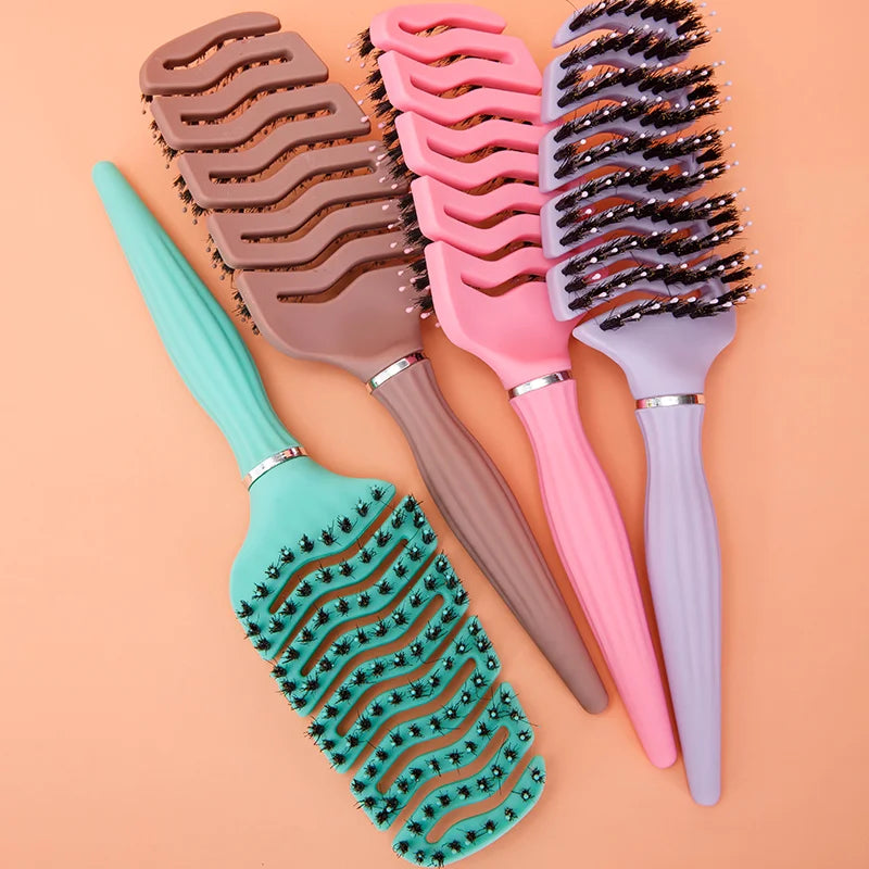1pcs Curved Vented Boar Bristle Comb Professional Scalp Massage Comb Detangling Curl Anti-static Hairbrush Salon Styling Tool