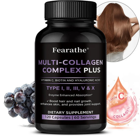Multi Collagen Capsules, Type I/II/III/V/X Collagen, Biotin & Hyaluronic Acid, Support Skin Hair Nail Joint & Overall Wellness