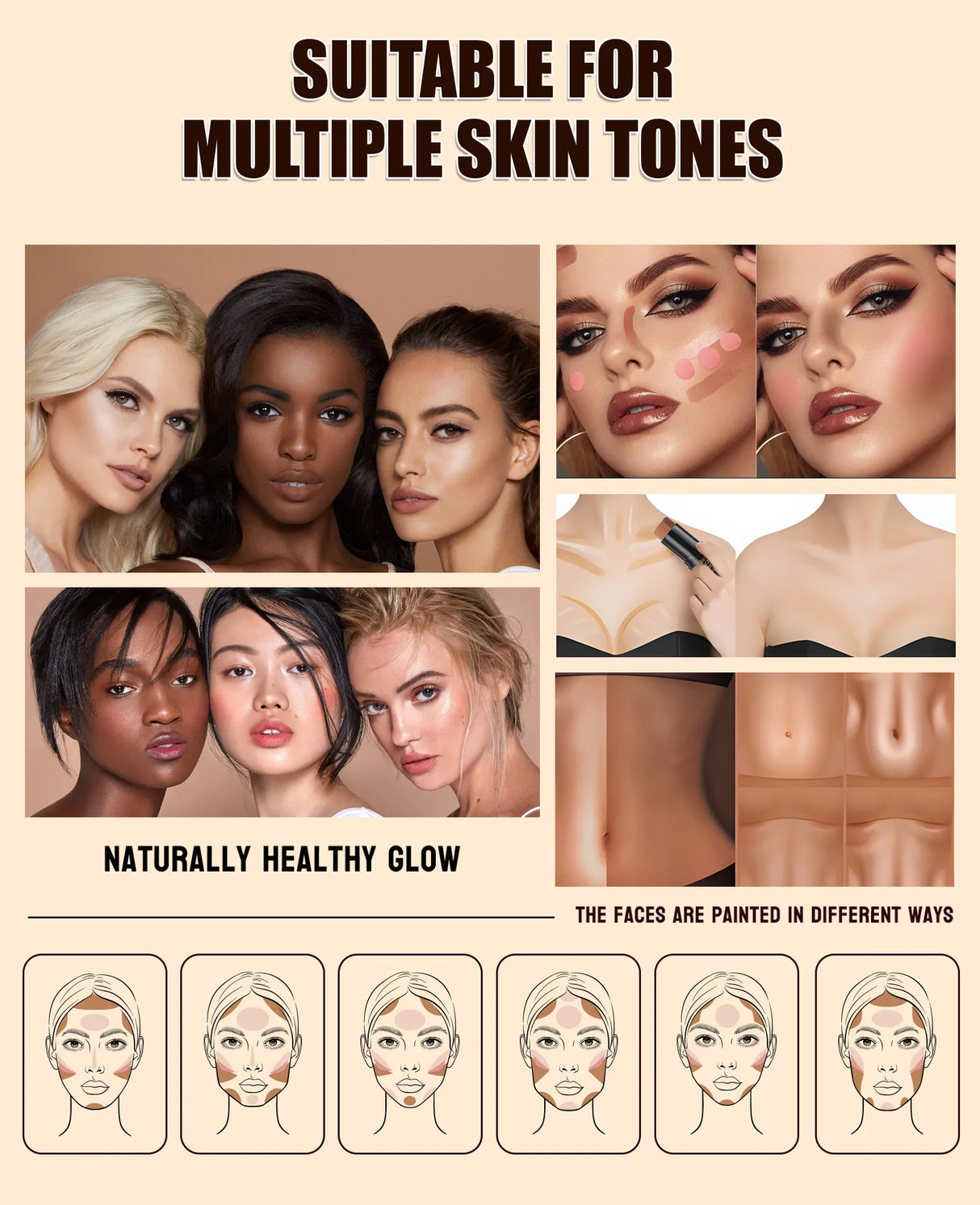 4-Piece Contour Stick Set with Highlighter, Blush & Bronzer Plus Golden Powder Brush - Waterproof Cream for All Tones, Shimmery.