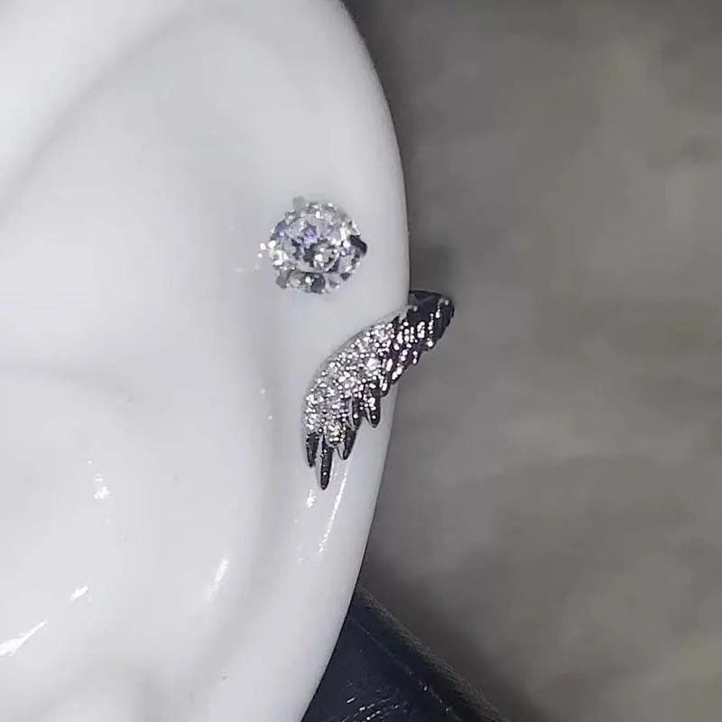 1pcs Silver Color Wing 316L Stainless Steel Ear Bone Nail for Women New Fashion Full of Rhinestone Earrings Accessories for Ear