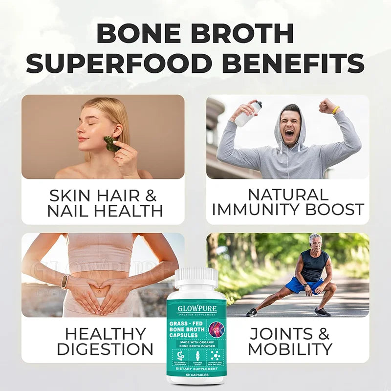 Bone Broth Collagen Protein Capsules - Grass-Fed Collagen Powder for Skin & Bones Joint Health and Flexibility Paleo Friendly