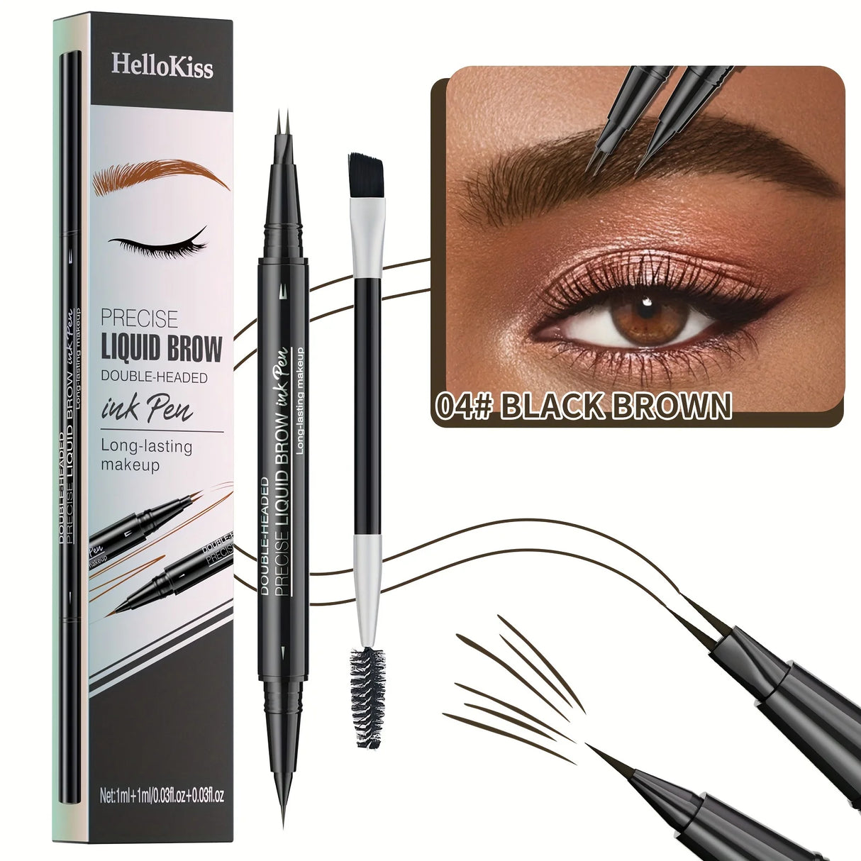 Waterproof Dual-Tip Liquid Eyebrow Pencil, Available in Light Brown, Brown, Dark Brown, Dark Black, and Black, Multi-Pack, for Natural Eyebrow Makeup, Quick-Drying, Sweat-Proof, Smudge-Proof, with Eyebrow Brush, Dual-Tip Liqu
