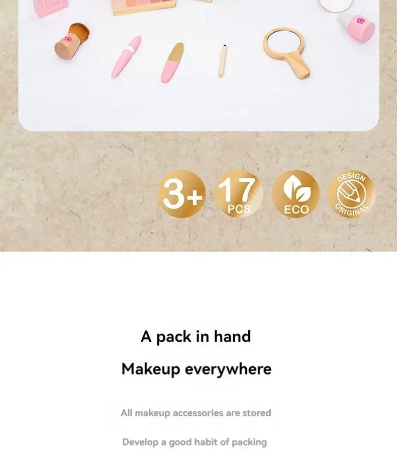 Kids' Pretend Makeup Toy Wooden Role‑play Dress‑up Vanity Gift Makeup Bag Set for Girls