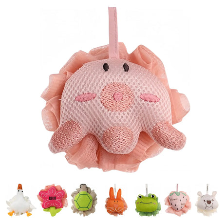 Kids Loofah, Cute Cartoon Animal Kids Bath Sponge with Hanging Rope, Soft Double Mesh for Rich Lather