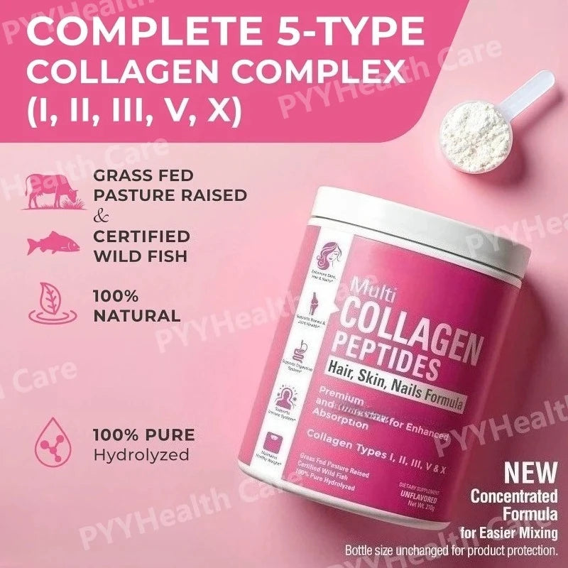 Multi Collagen Peptides Powder – Types I, II, III, V, X, Hydrolyzed Collagen for Women 99% Absorption Skin Hair Nails Joints