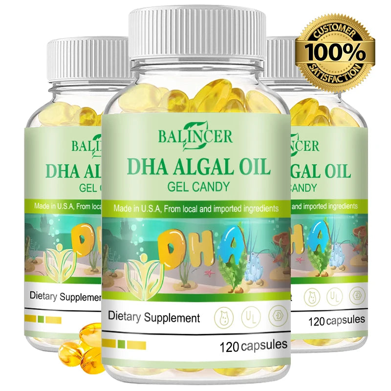 Algal Oil Omega 3 Softgels with DHA & EPA, Daily Nutritional Supplement, Supports Brain Cognitive Eye Heart & Skin Hair Wellness