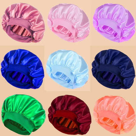 1Pc Women Wide Brim Satin Bonnet, Solid Color Waterproof Shower Cap Soft Silk Hair Protection Hat