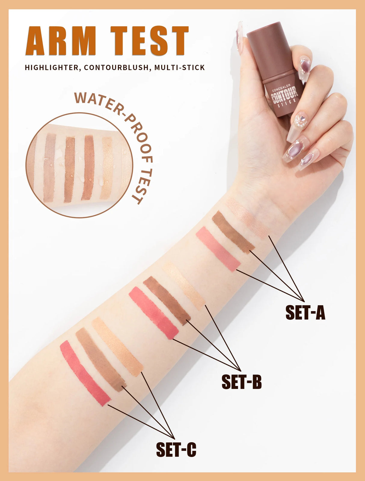 4-Piece Contour Stick Set with Highlighter, Blush & Bronzer Plus Golden Powder Brush - Waterproof Cream for All Tones, Shimmery.