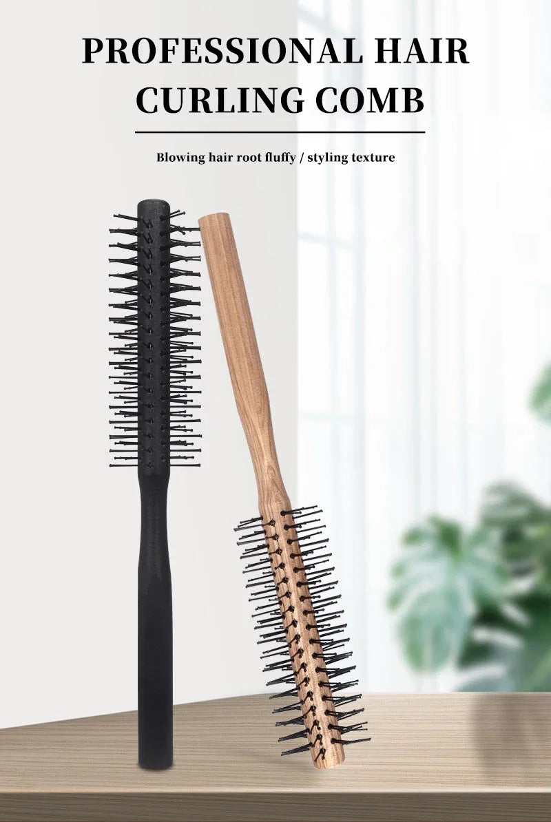 1pc Wood Handle Professional Salon Styling Drying Tool Round Hairdressing Curling Massage Roller Comb Special for real hair wigs