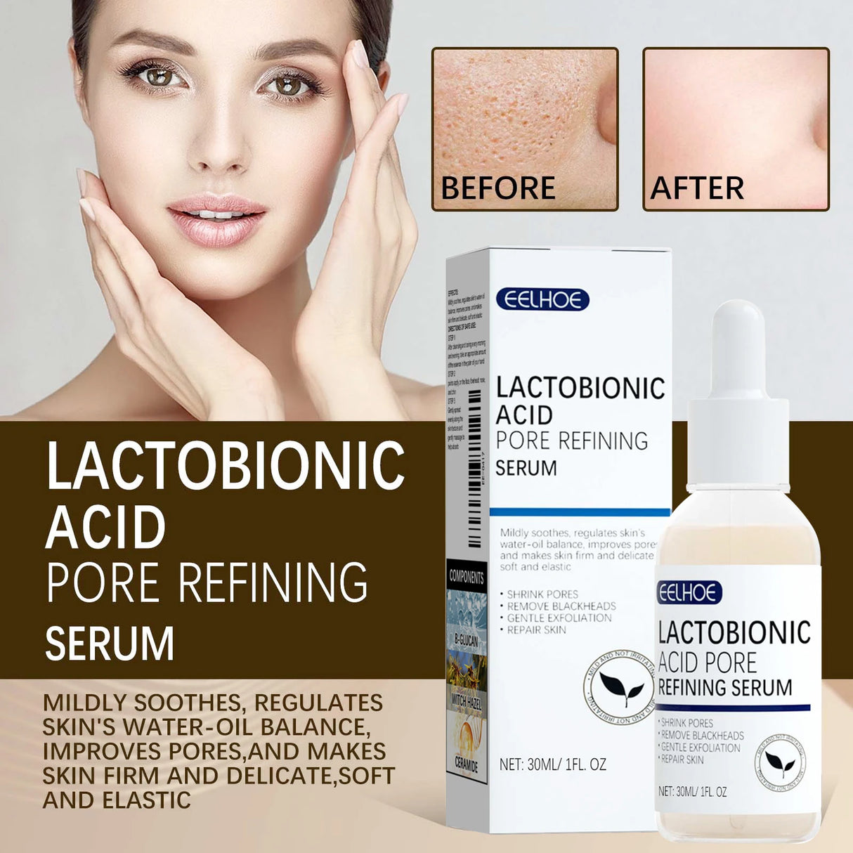 EELHOE Lactobionic Acid Pore Shrink Face Serum Skin Repair Remove Blackheads Acne Skin Care Lasting Moisturizing Korean Cosmetic