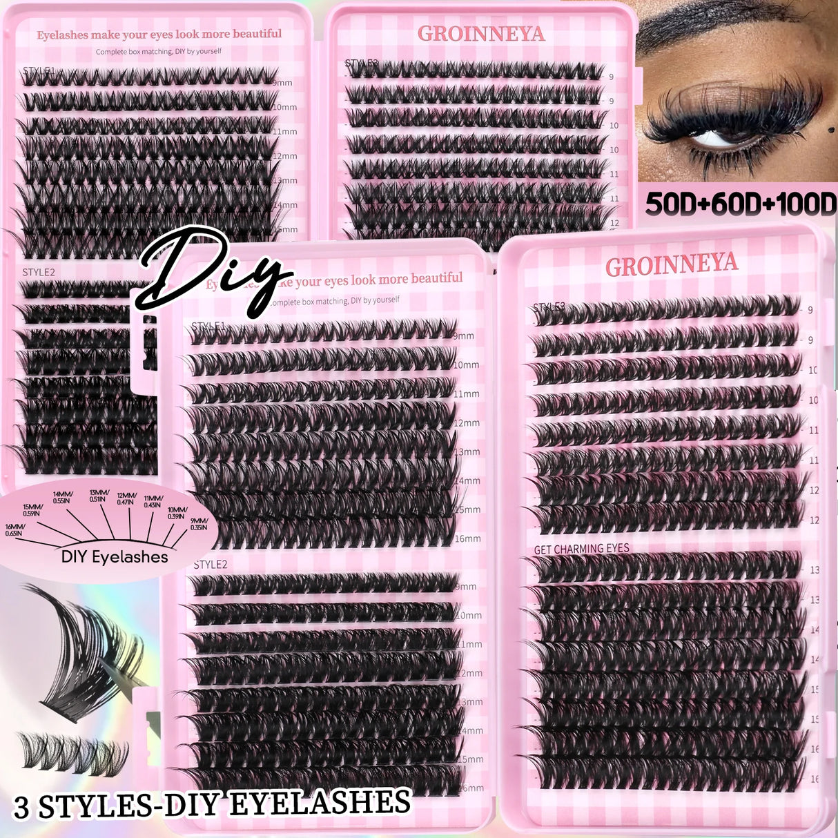 GROINNEYA Fluffy Lash Clusters DIY Natural Thick Cluster Lashes Fluffy Soft Mink Lashes Extension Individual Eyelashes Makeup