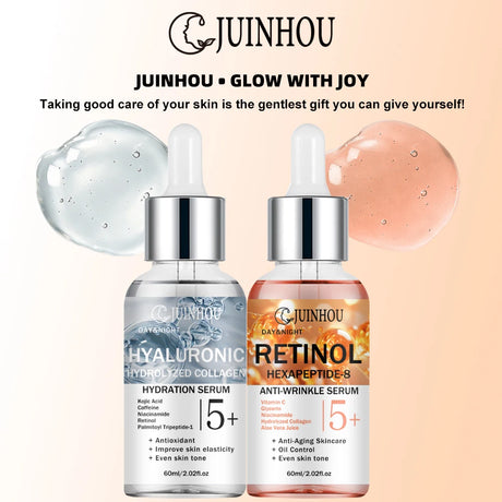 JUINHOU Dual Phase Face Serum Kit Hyaluronic Acid Day Care Retinol Night Care Hydrate Anti Wrinkle Texture Daily Face Skin Serum