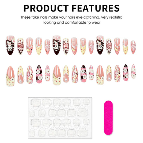 30pcs Japenese Series False Nail Cute Cartoon Monkey Flower Heart Pearl Decor Press On Nails Sweet Ballet French Style Fake Nail