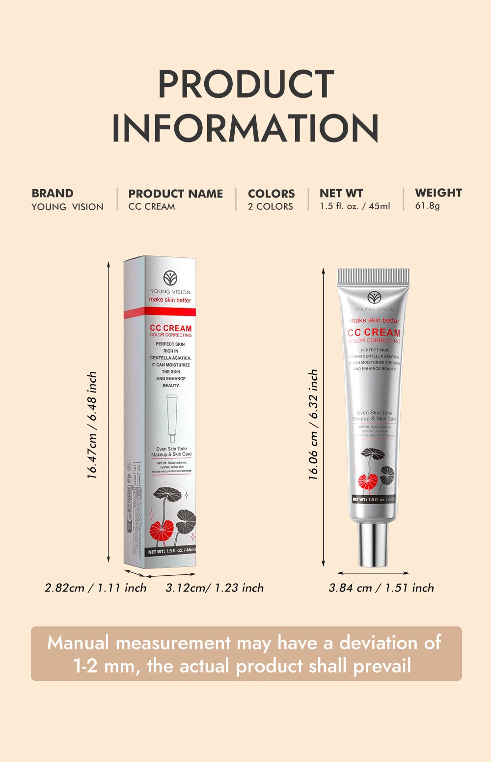 1PC/2PCS 45ml Brightening CC Cream Centella Asiatica Repairing BB Cream Natural Concealing Whitening Foundation Liquid Cosmetics