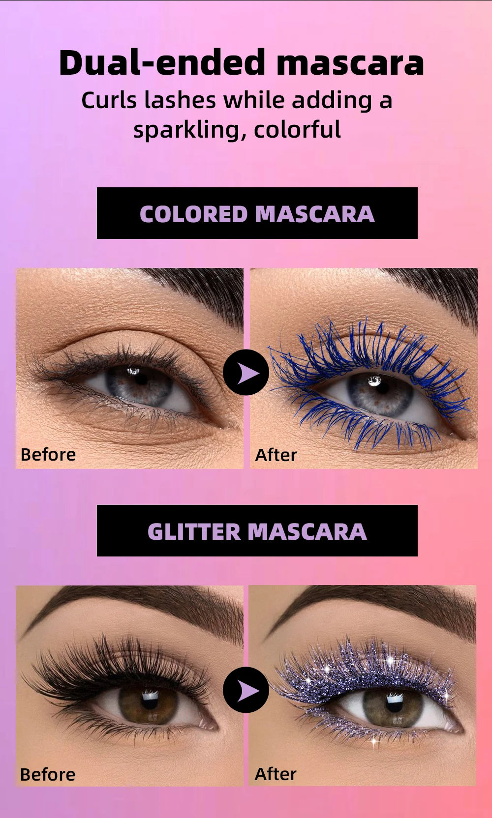 QIBEST Double Headed Diamond Glitter Mascara Long Lasting Colored Mascara Eyelashes Pink Blue Red Voluminous Waterproof Mascara